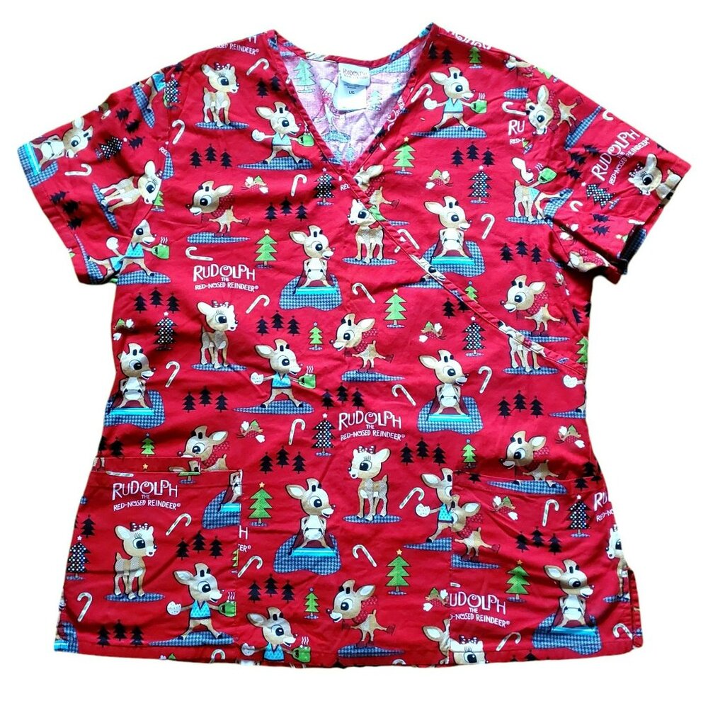 Rudolph Reindeer Scrub Top V-Neck Clarice Deer Christmas Nurse Dr MA Dentist Red